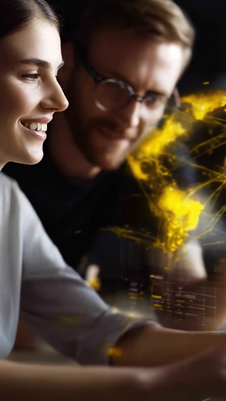 Focused interaction between two individuals showcasing technology and creativity with dynamic graphics in a modern, digital environment, emphasizing collaboration and innovation