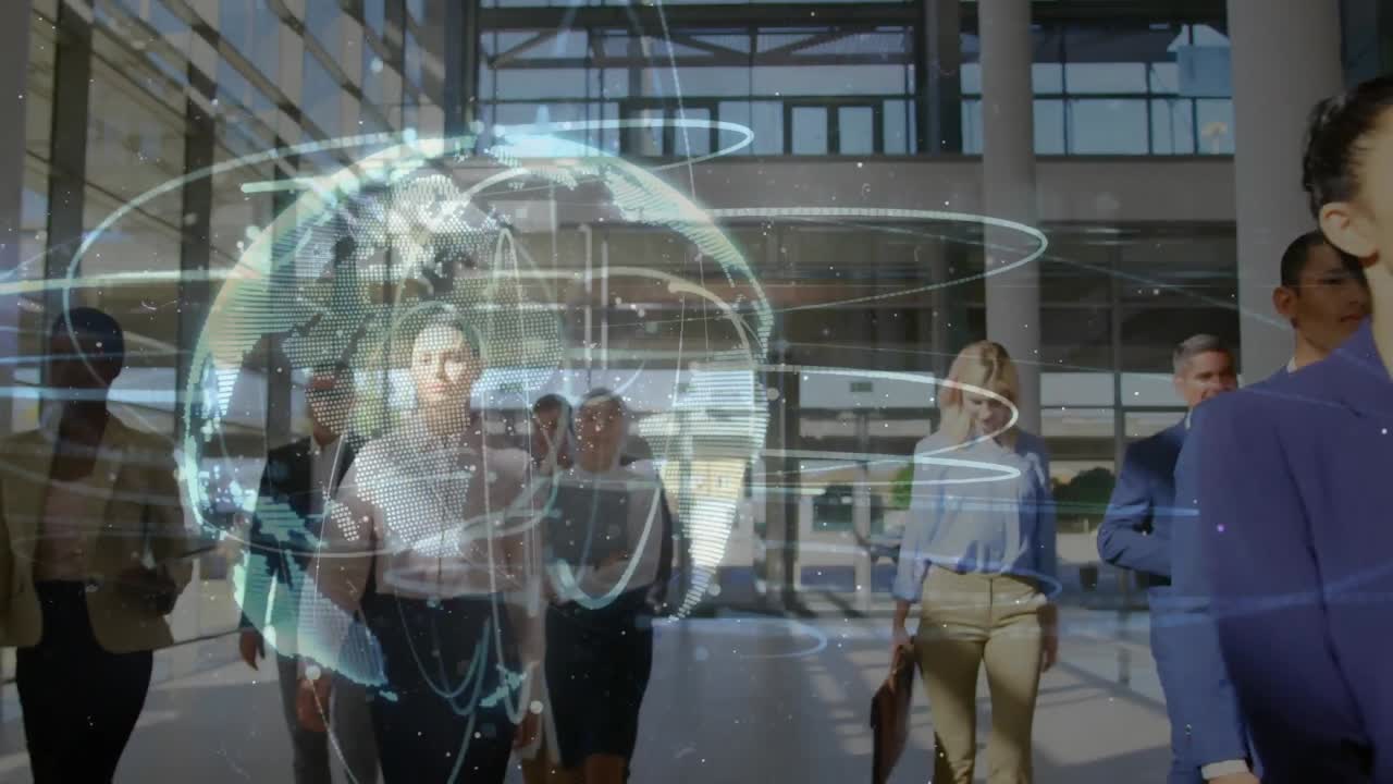 Animation of network of connection and globe over business people in the office