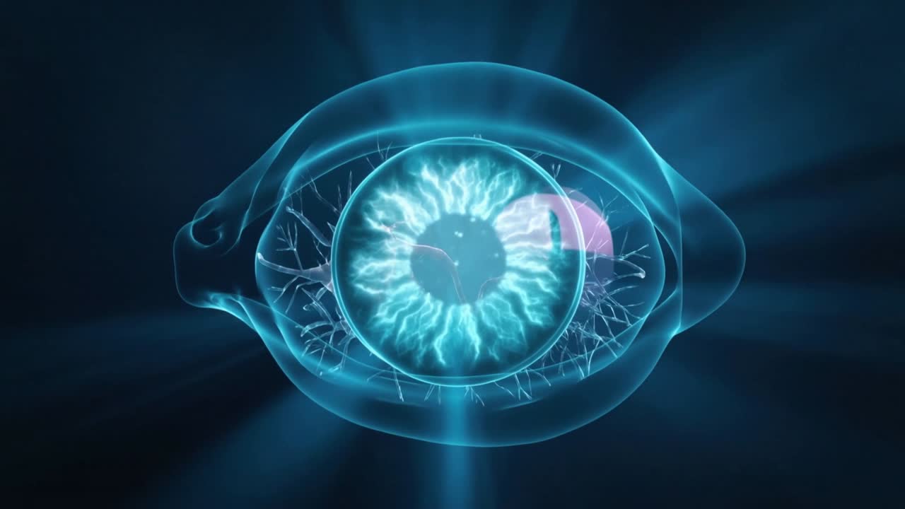 Avvio dell'illuminazione dell'iride di un occhio olografico, con raggi blu pulsanti nel buio che mostrano un segnale neurale nel nodo rosa destro.