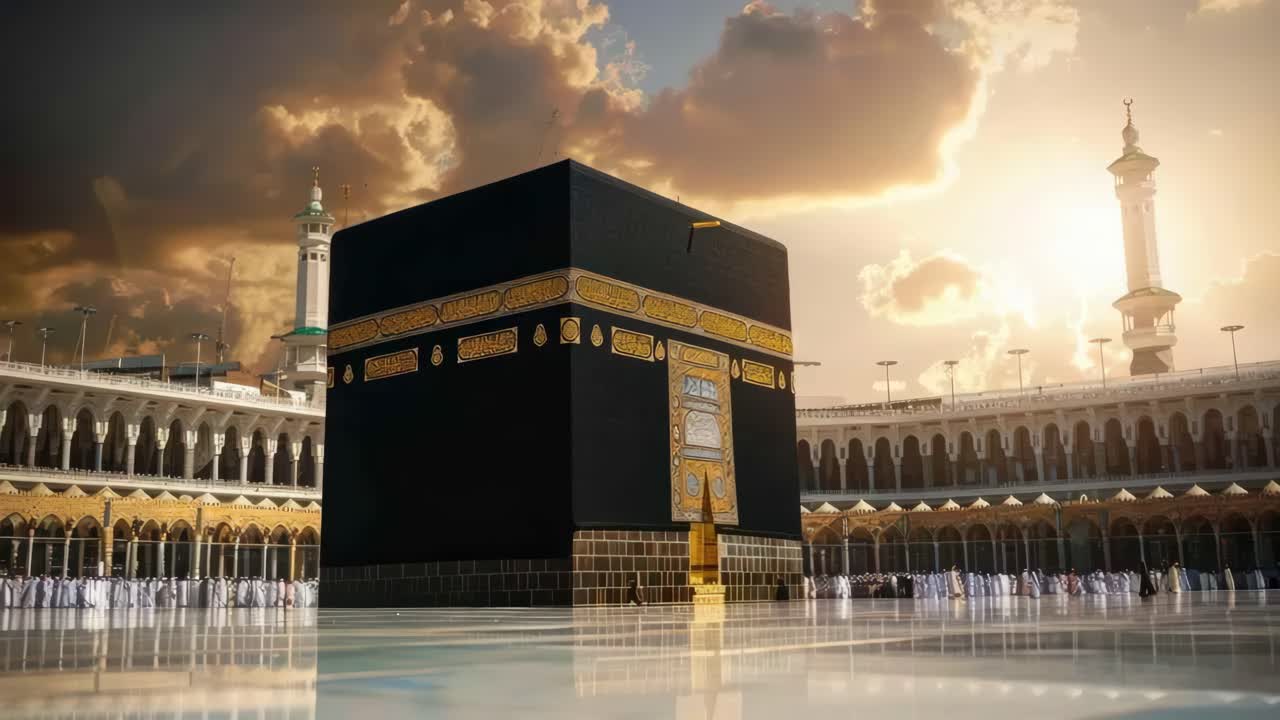 Dramatic low-angle video shot of the Kaaba at sunset, capturing its grandeur and the surrounding