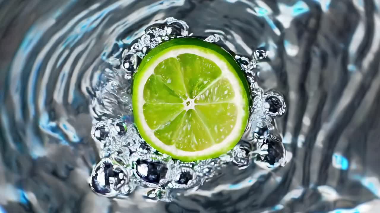 Top-down video shot of a lime slice submerged in water, capturing bubbles and ripples
