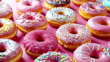 a bunch of pink and white donuts with sprinkles on a pink surface