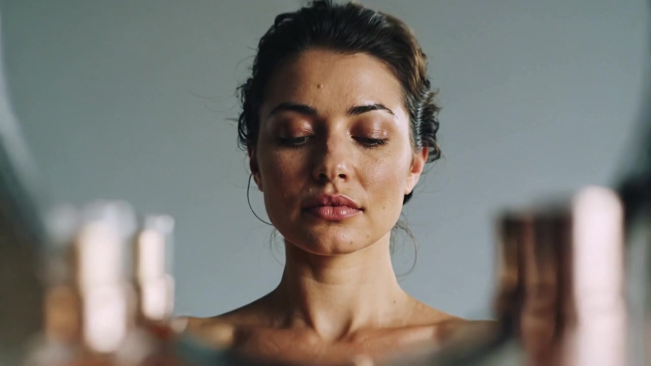 Pulling back camera showing bare-shouldered woman holding eyes closed at vanity mirror for skincare