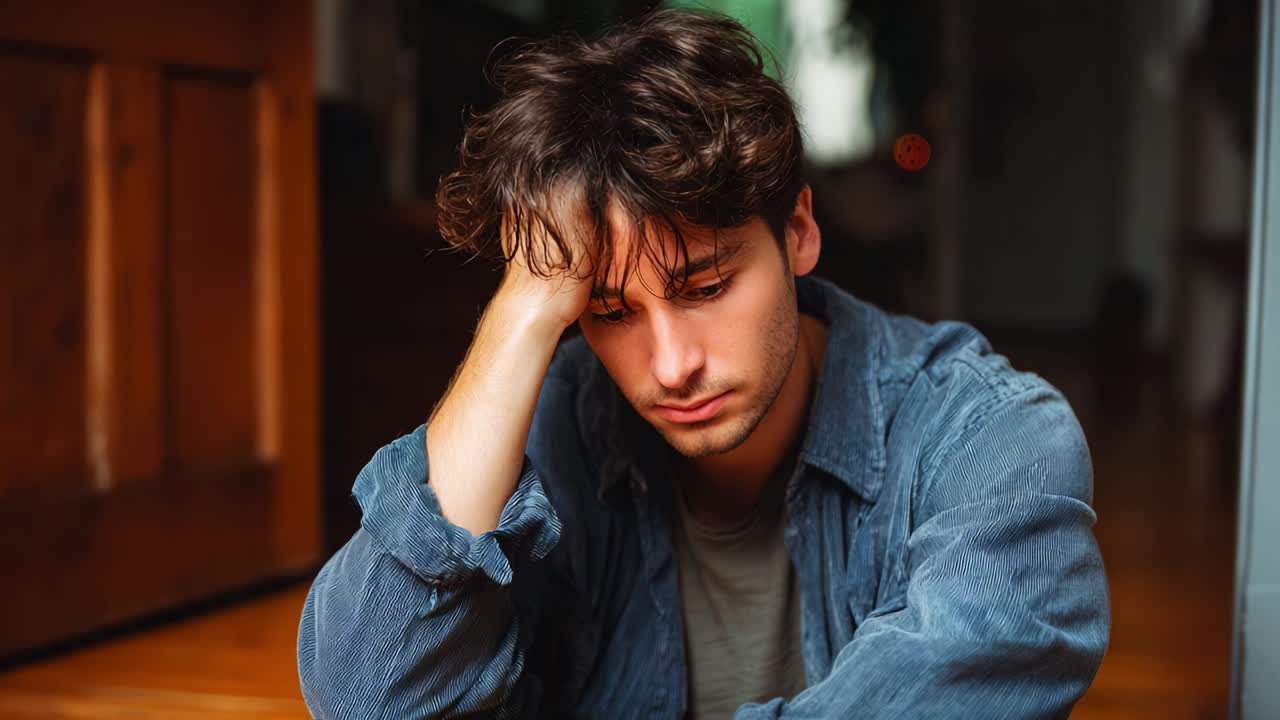 A Moment of Reflection: A Young Man Deep in Thought, Capture of His Contemplative Expression with a Pensive Posture and Natural Light Highlighting His Features in an Intimate Setting