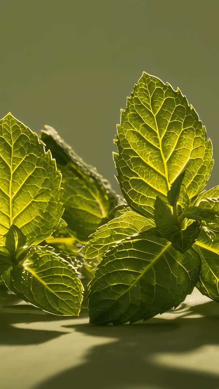 Video verticale: Retroilluminazione di un gruppo di foglie di menta che rivela le venature su un tavolo da studio per evidenziare la trama.