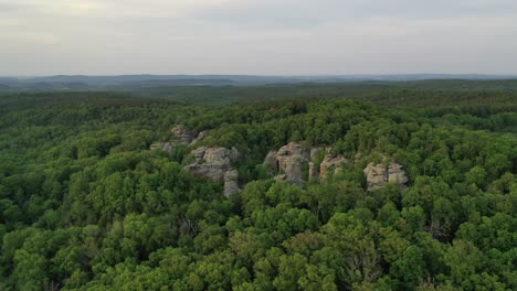 vast forestry landscape and rocky cliffs in aerial drone view