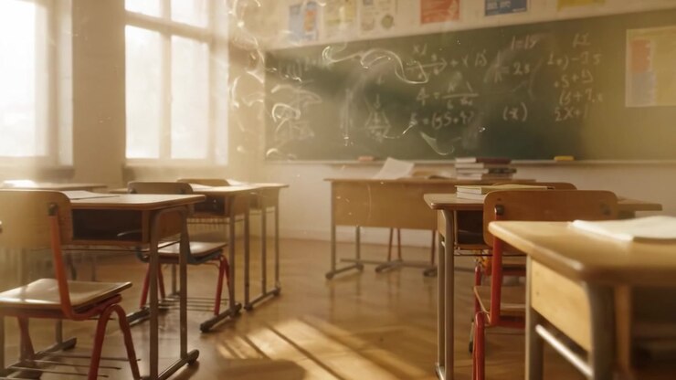 Een Serene Klaslokaalscène die een Educatieve Ruimte Vastlegt met Bureaus, een Schoolbord Vol Vergelijkingen en Zacht Natuurlijk Licht dat Door de Ramen Schijnt
