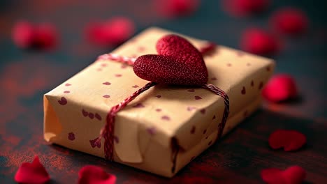 romantic gift box with hearts. a wrapped gift box with a sparkling heart rests on rose petals, ideal for a romantic occasion.