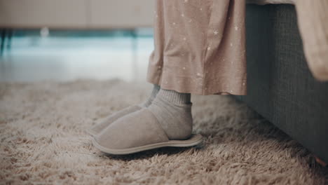 close-up of a person's feet in slippers and socks on a fluffy rug