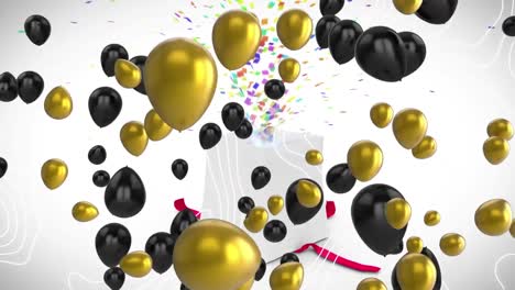 Animation-Von-Luftballons-über-Geschenk-Mit-Konfetti-Auf-Weißem-Hintergrund