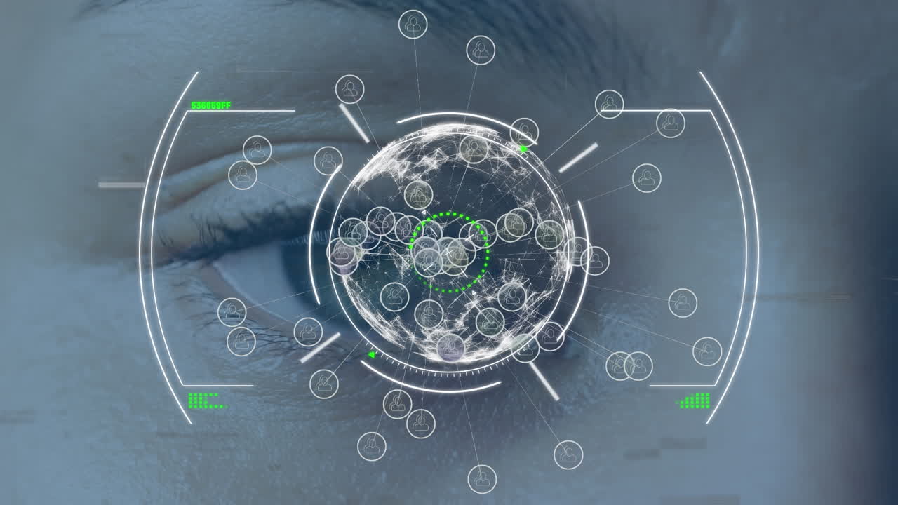 animación de interferencia, escaneo de alcance y globo sobre el ojo de una mujer caucásica