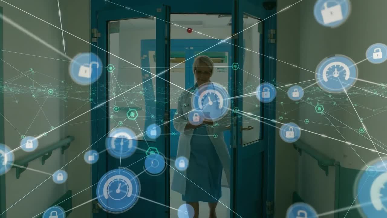 Animation of network of connections with spots over female doctor