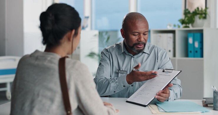 Doctor Explaining Medical Forms to Patient in Clinic Office