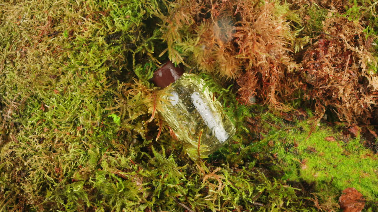 Bottle of cosmetics cream serum on moss forest background green leaves. Woman Make up healthy natural products.