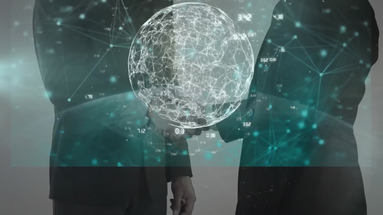 mundo de la red de conexiones contra la sección media de hombre de negocios y mujer de negocios estrechando la mano