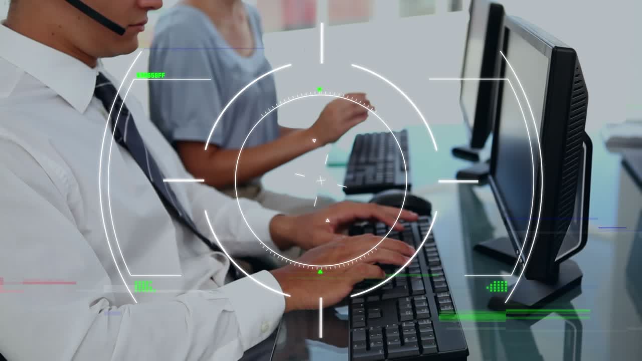 Animation af databehandling over kaukasiske forretningsfolk på kontor