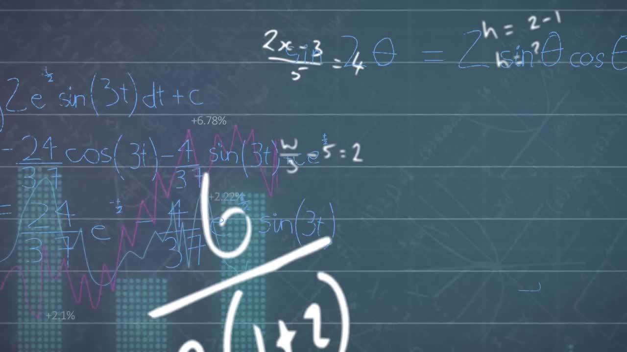 Animation of mathematical data and equations processing over green background