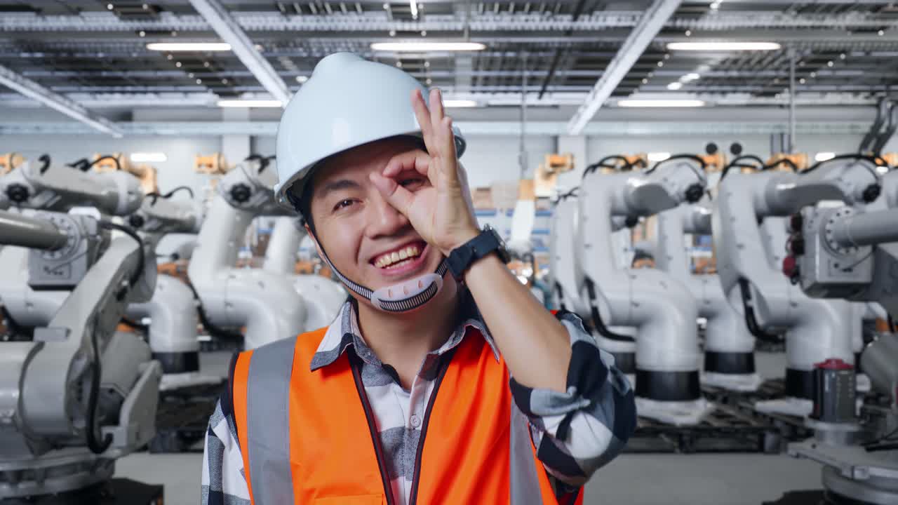 공장에서 로 팔 앞에서 ok 제스처를 하는 엔지니어