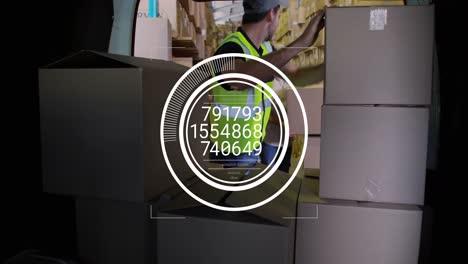 animation of changing numbers in circles over caucasian man placing cardboard boxes in vehicle