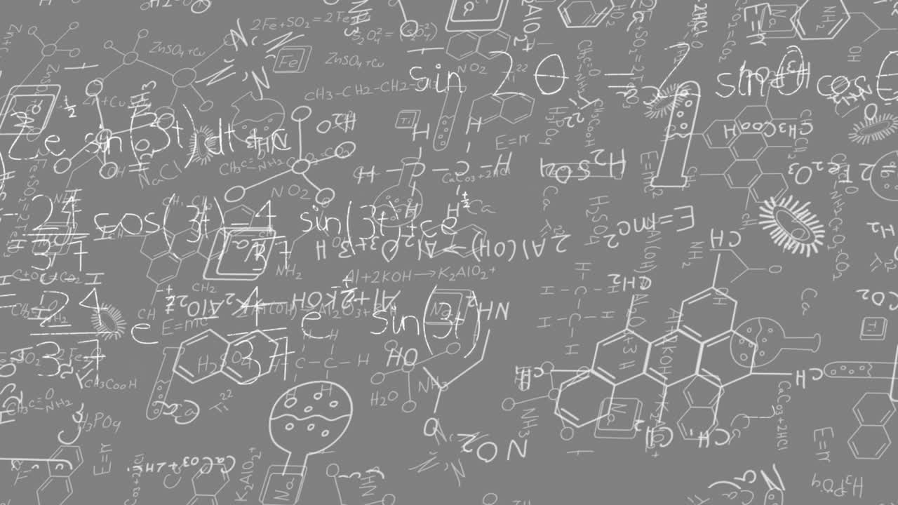 회색 배경에 대한 의학적 그림, 수학적 방정식 및 다이어그램의 애니메이션