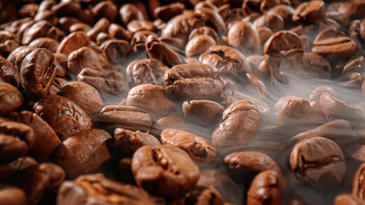 Close up of seeds of coffee. Fragrant coffee beans are roasted smoke comes from coffee beans.