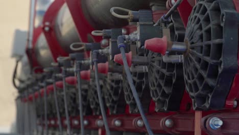 Water-supply-valves-of-irrigation-system-in-industrial-agriculture-farm,-Closeup