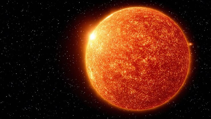 A Brilliant Close-Up of a Glowing Sun Against a Star-Studded Space Background, Showcasing its Fiery Texture and Luminous Aura in the Vast Universe