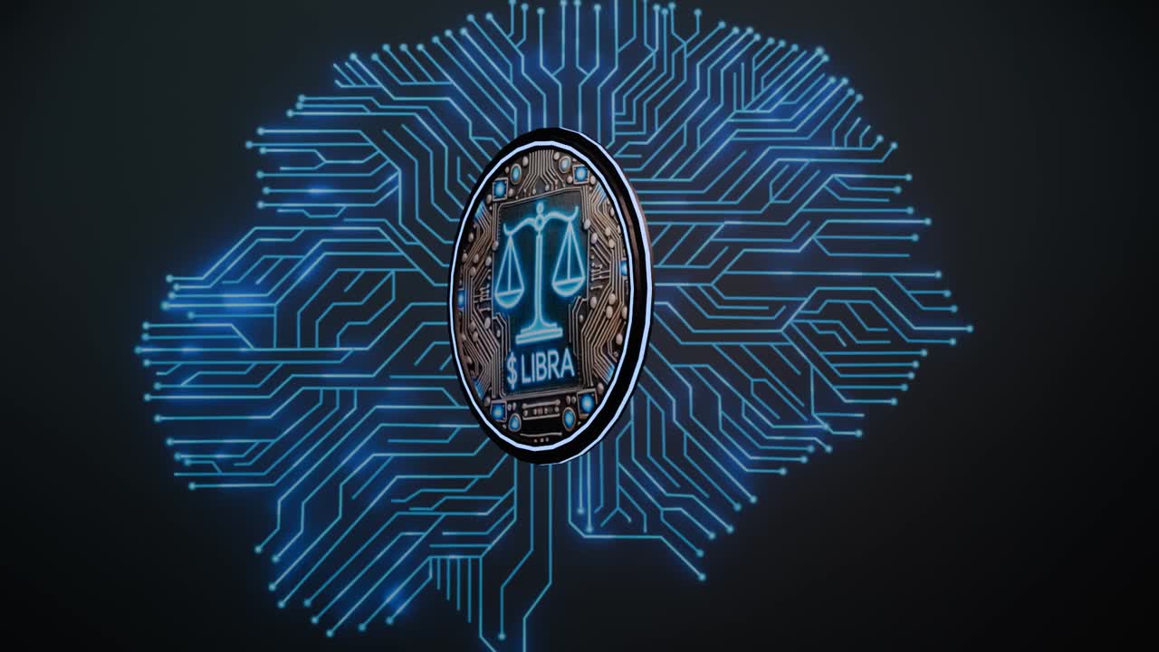 Libra cryptocurrency rotating and spinning above digital circuit board, representing futuristic financial technology and blockchain innovation against dark background