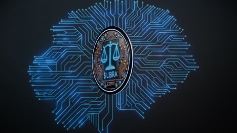 libra cryptocurrency rotating and spinning above digital circuit board, representing futuristic financial technology and blockchain innovation against dark background