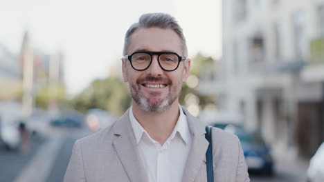 happy, face and a businessman in the city