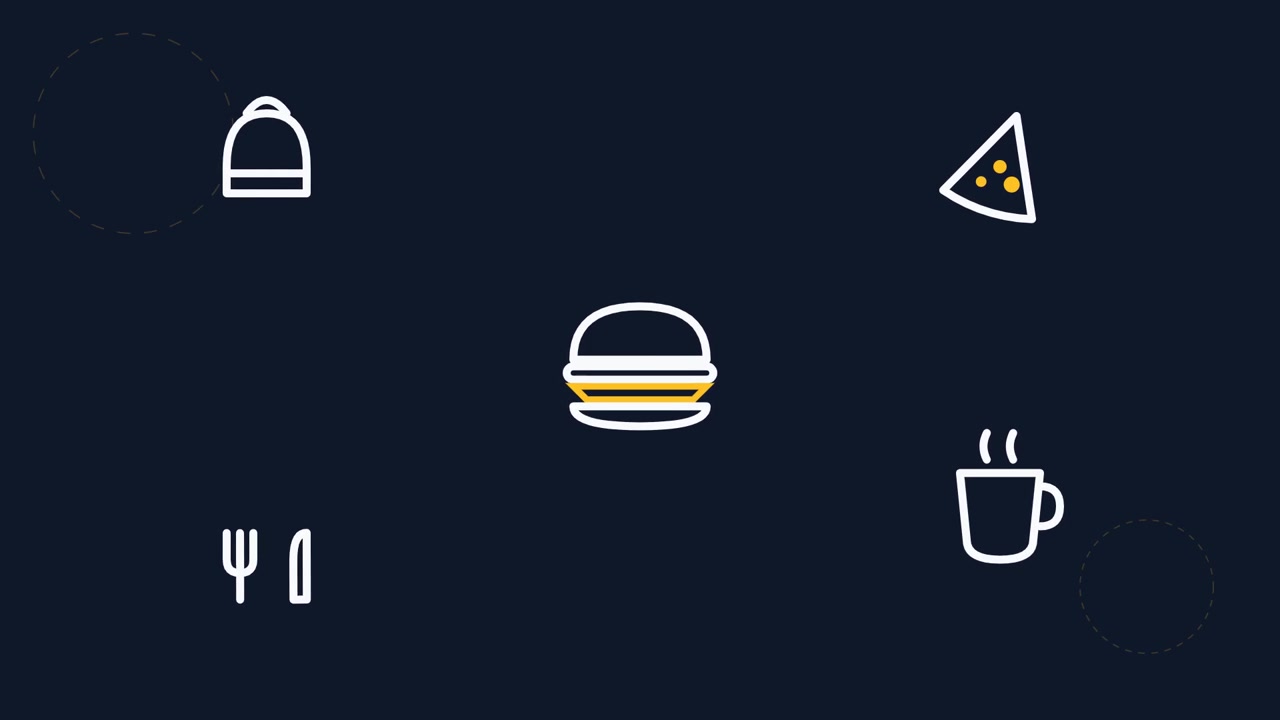 Ícones Animados e Minimalistas de Comida em Fundo Escuro