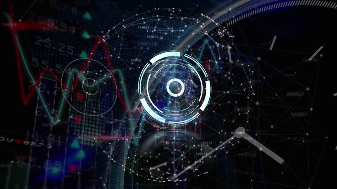 Animation of circle, dots forming globe, graphs with numbers and digital clock on black background