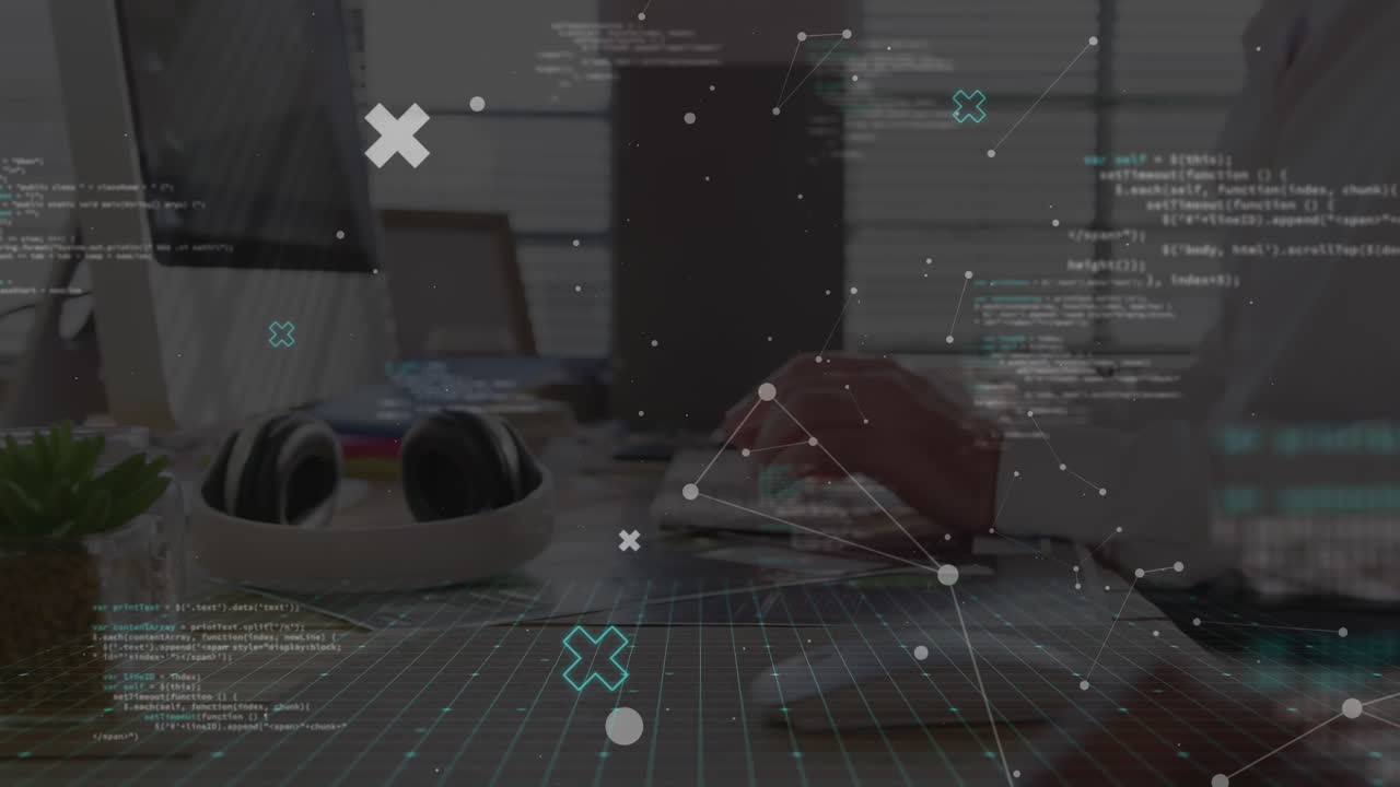 Animation of data processing against mid section of businessman using computer at office