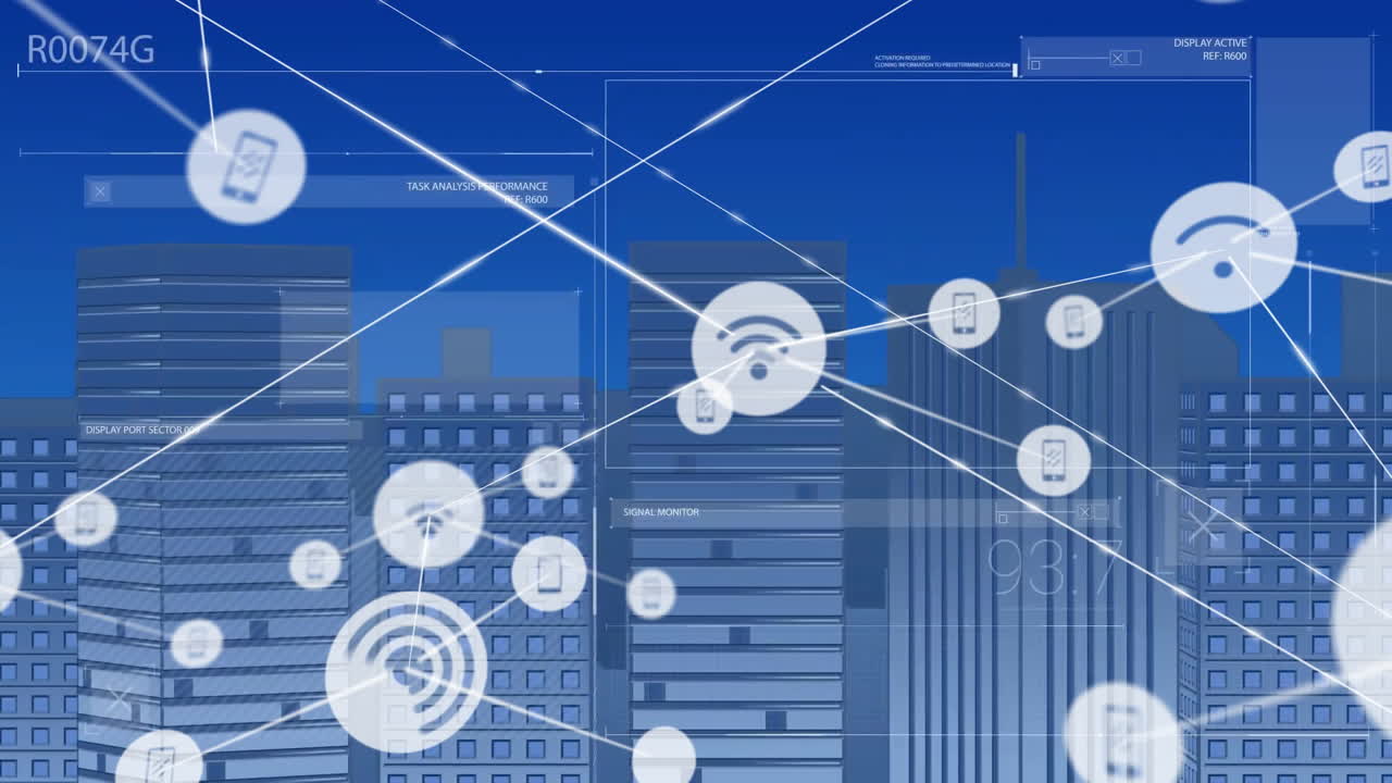 건물의 3d 모델에 대한 추상적인 인터페이스와 연결된 아이콘의 애니메이션