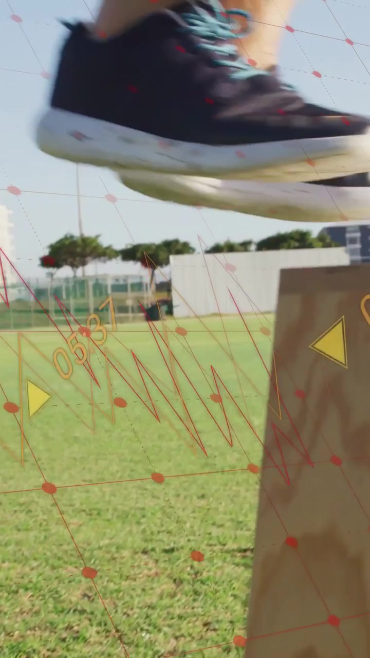 Vertical video: Onscreen timer starting, man doing steps to plyo box with AR tracking for fitness