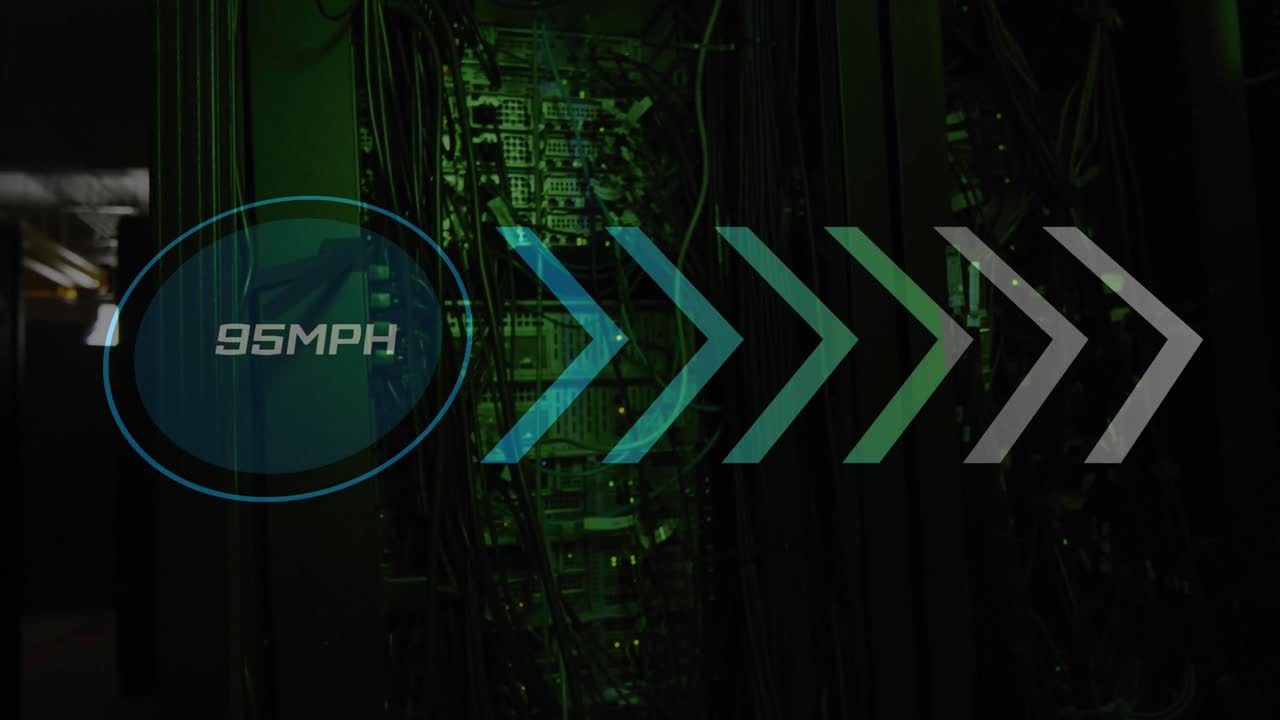 Animation of speed gauge, arrows and data processing over computer servers