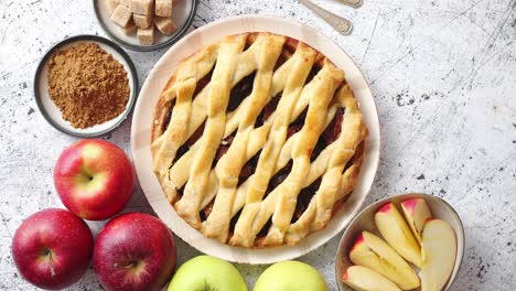 Delicious-apple-pie-cake-with-a-fresh-fruits--brown-and-powder-sugar