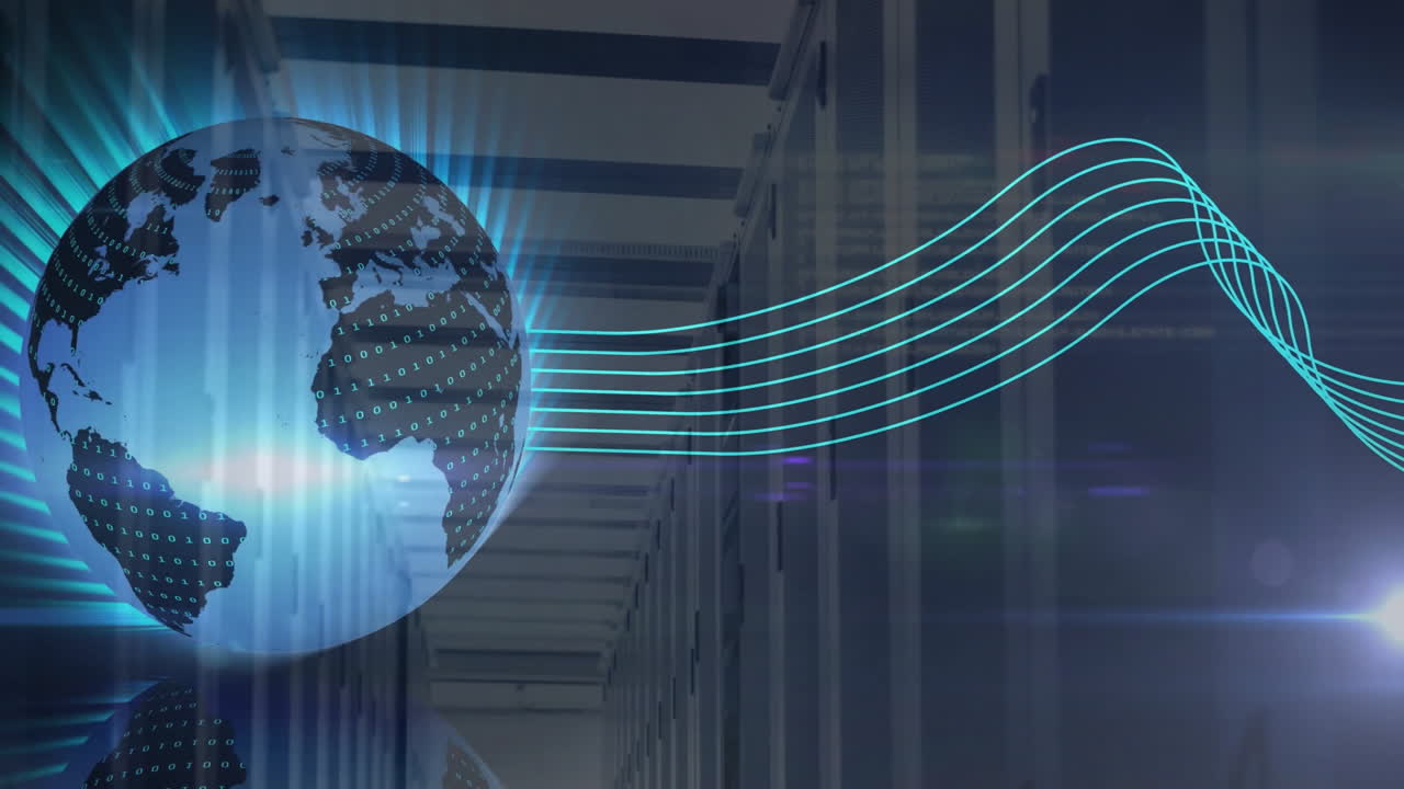 Animation of digital globe with binary code connected to data servers in school