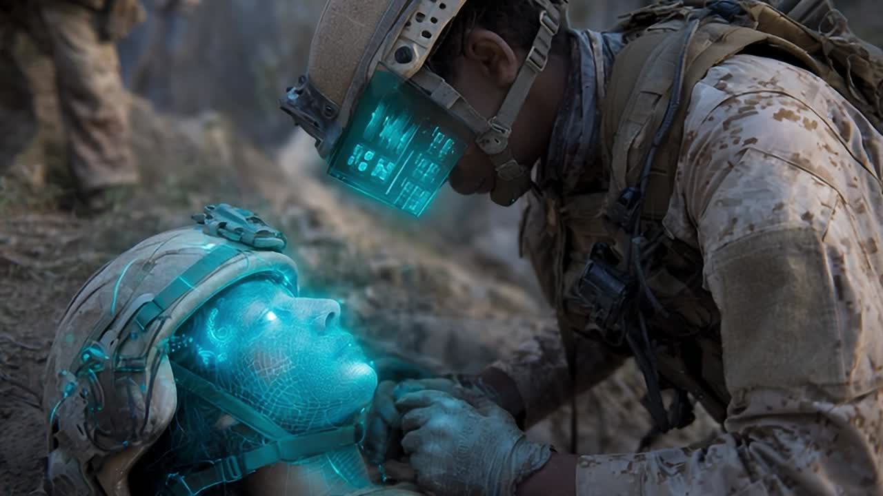 Soldiers using advanced technology for battlefield medical assistance