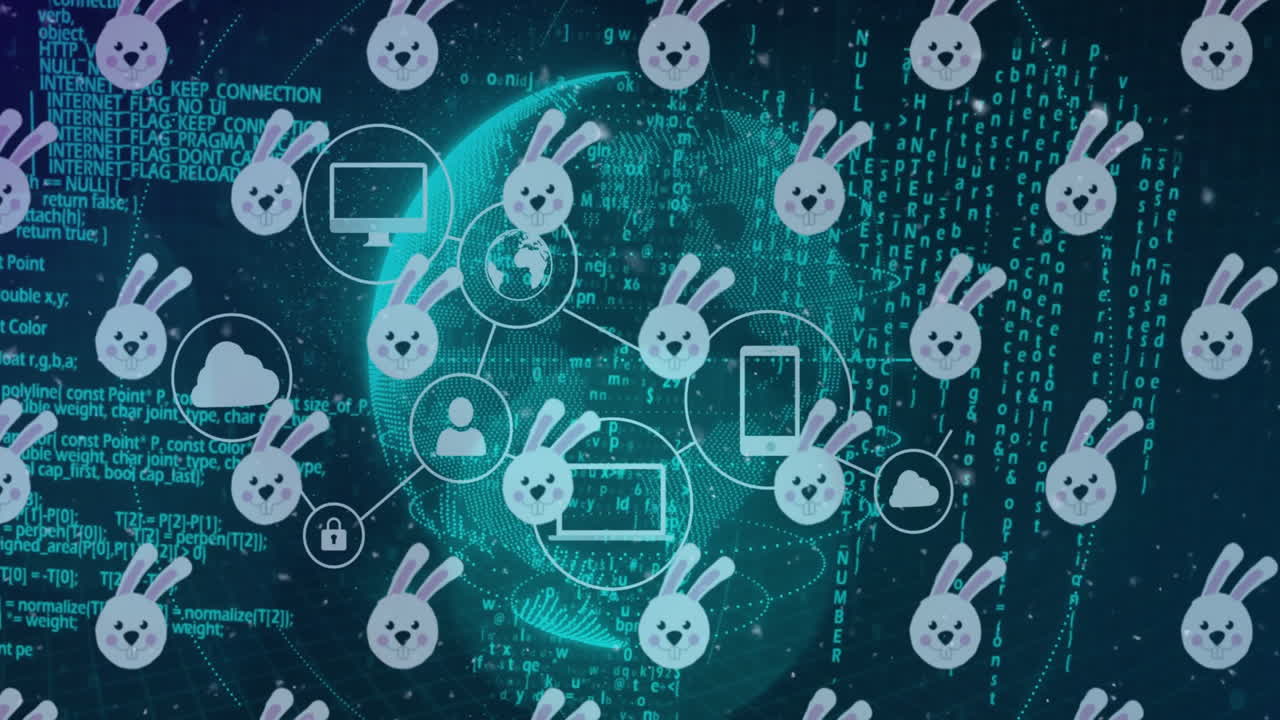 Digital network and data processing animation with rabbit icons over globe