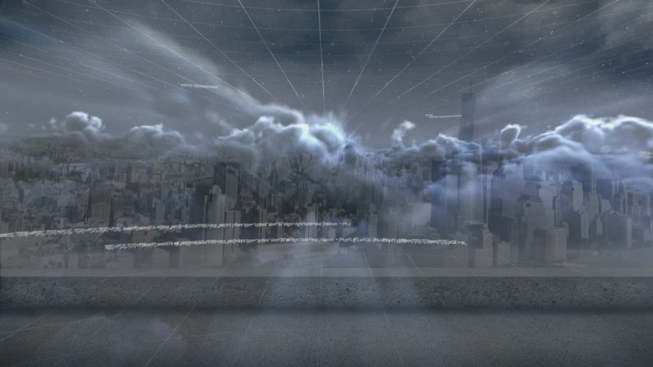 데이터 처리 및 도시 풍경 위의 구름의 애니메이션