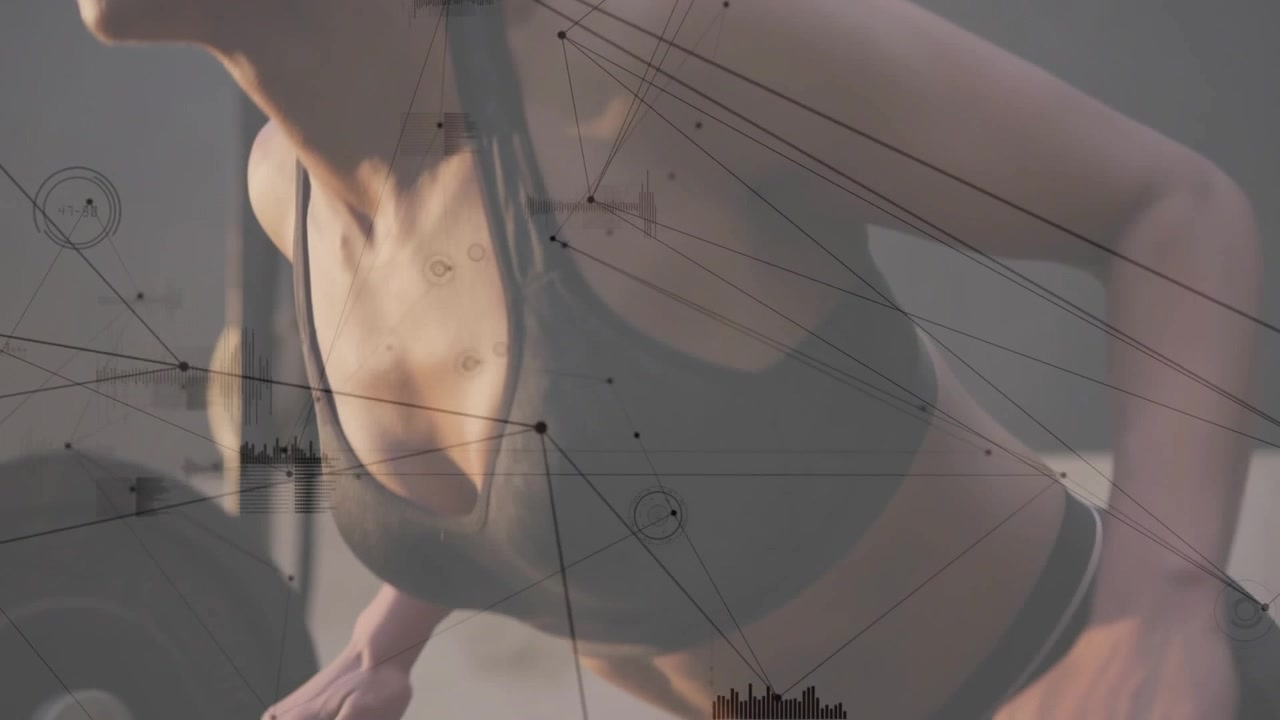 Donna che esegue uno stacco da terra con sovrapposizione di dati digitali in palestra