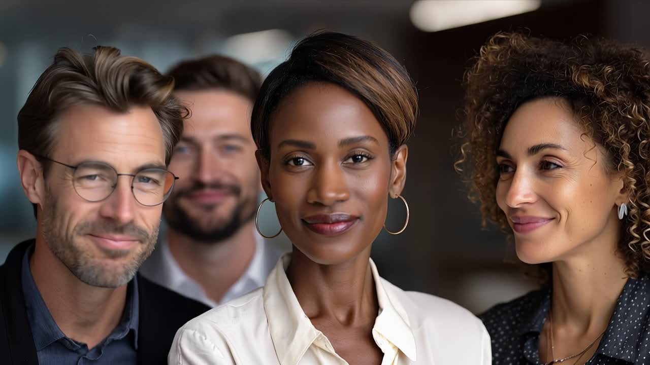 Diverse professionals smile confidently in a modern office. Leadership team appears unified and approachable. Ideal for corporate, business, or diversity-themed content