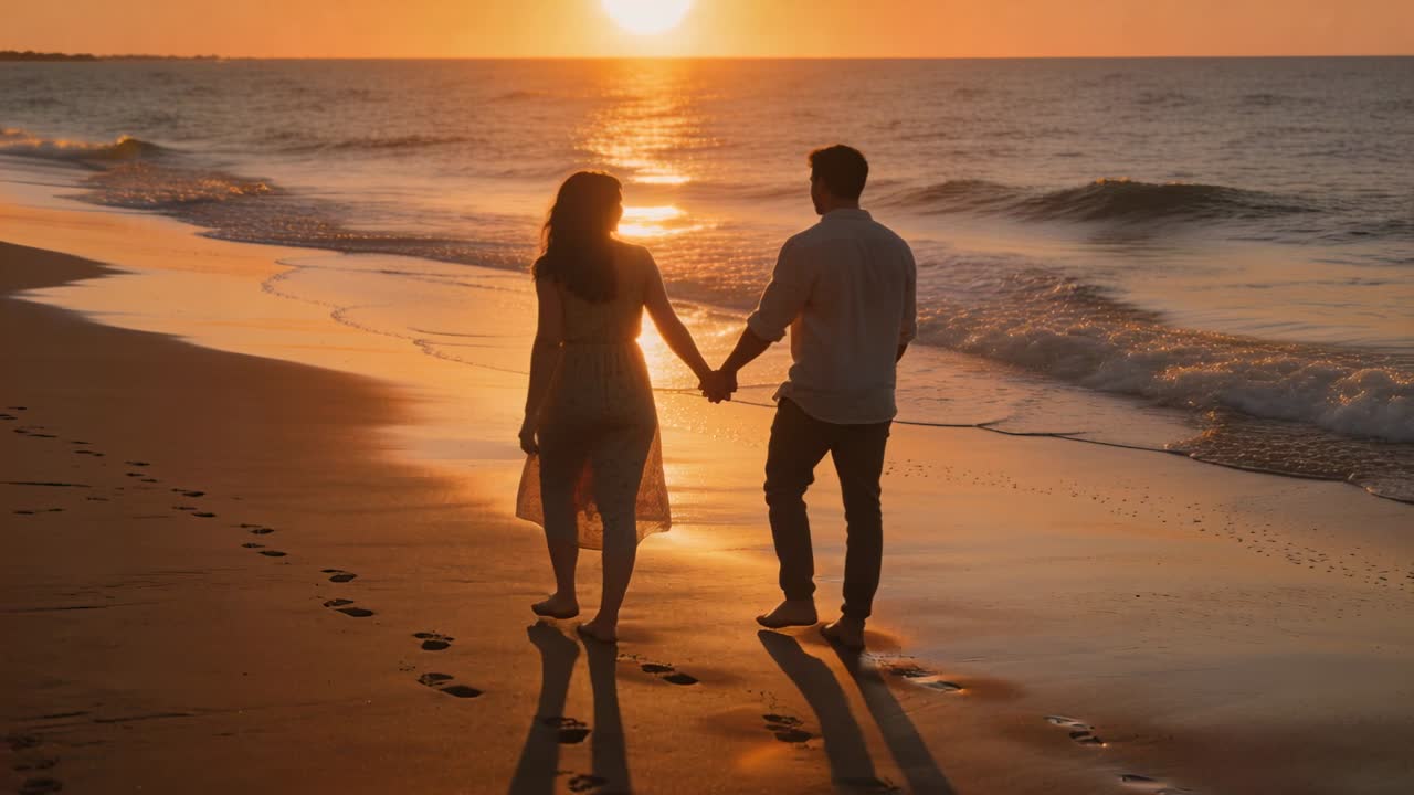 Travel sunset drawing couple walking hand-in-hand on beach to horizon, footprints, shadows growing