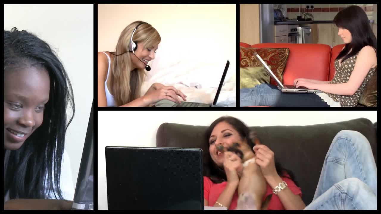 animación de stock que muestra mujeres radiantes usando una computadora portátil