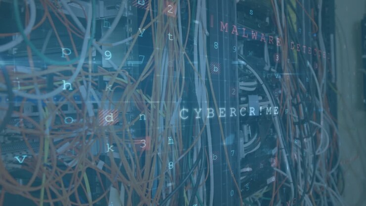 Cables in a computer server room with moving data security messages