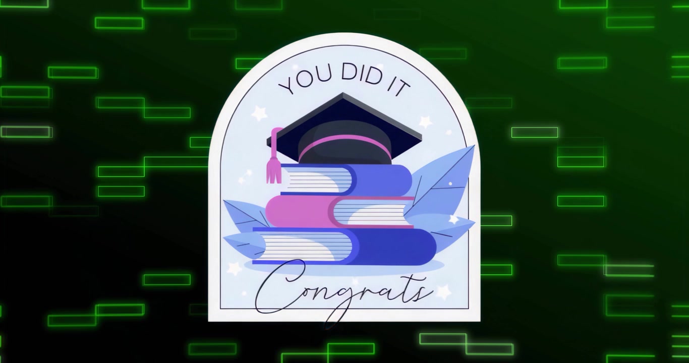 Emblem fading in showcasing books and cap while neon rectangles shifting and celebrating success