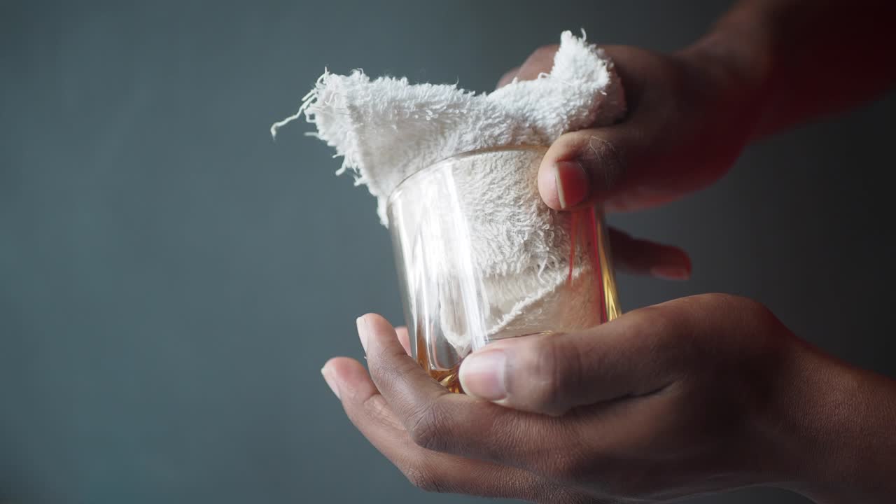 Person cleaning a glass with a towel
