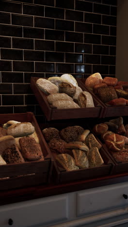 assorted breads on display in a bakery