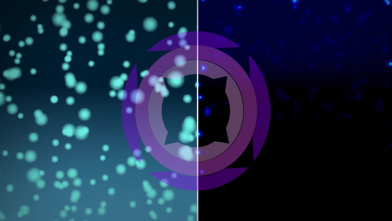 animación circular púrpura sobre fondo dividido con luces bokeh verdes y azules